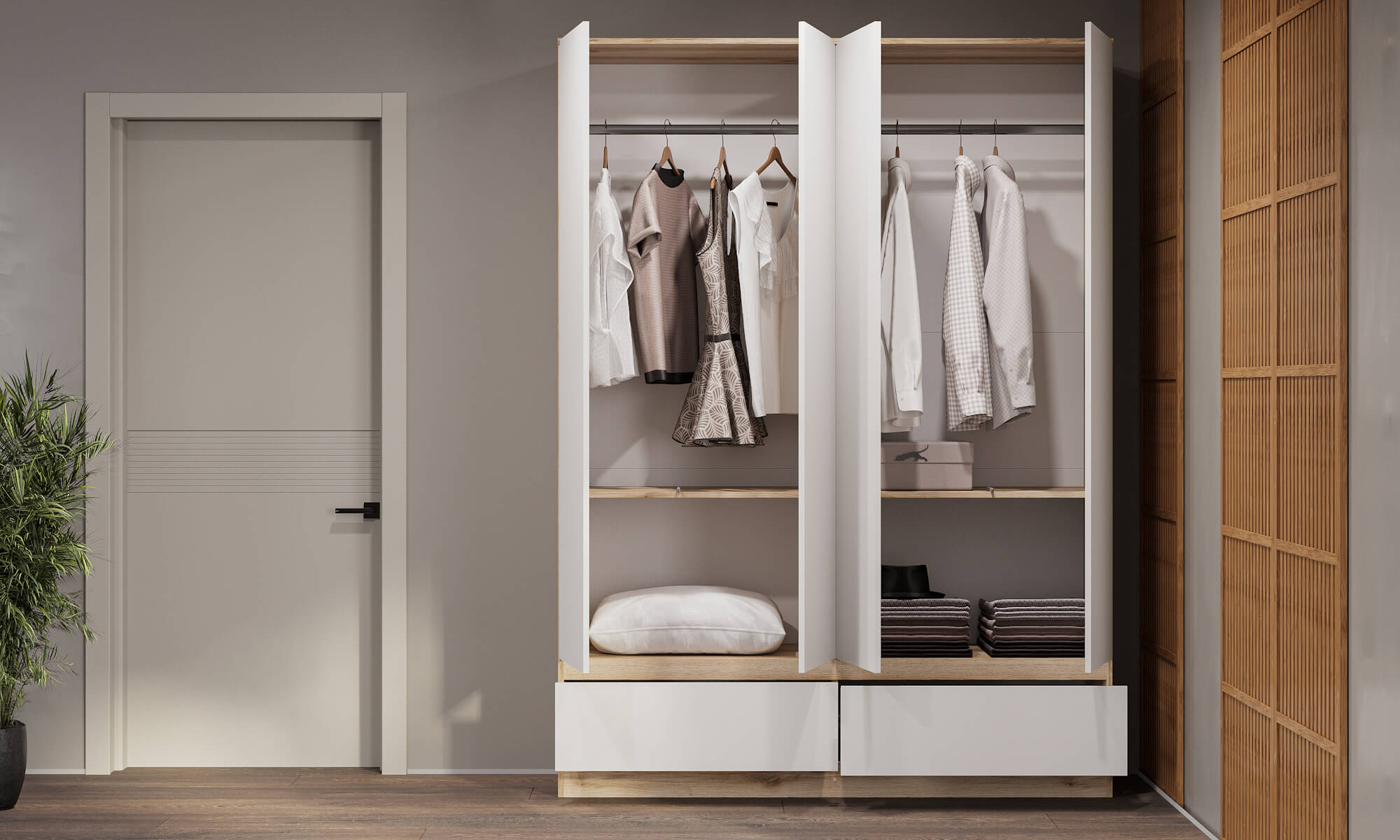 МС "Брауни" Шкаф четырехстворчатый (с ящиками) Дуб Делано/Белый